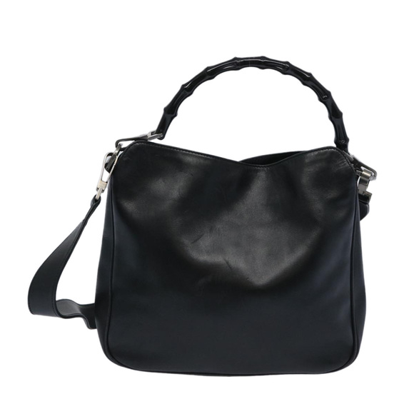GUCCI Bamboo Hand Bag Leather 2way Black 001 1638 Auth 65305 - Picture 2 of 16